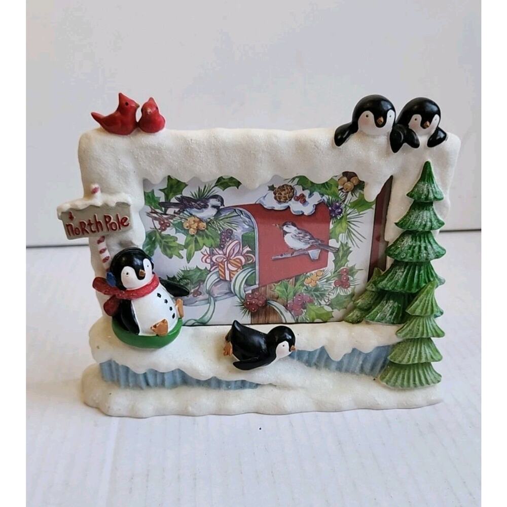 Free Standing Resin Picture Frame Holiday Penguins North Pole 4×6" Photo Holder